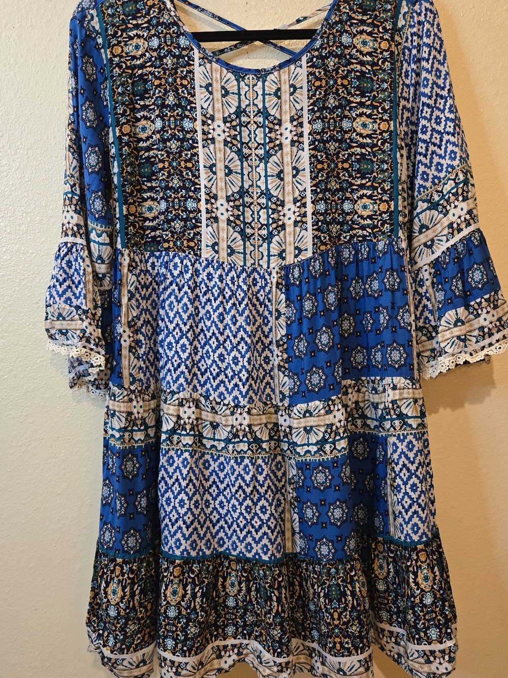 Umgee Mixed Print Blue Peasant Bohemian Tunic Dress with Crisscross Back Size S - Picture 14 of 14